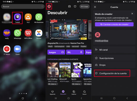 Abre la app de Twitch desde tu Android e inicia sesion, presiona en el icono de tu perfil y haz clic en configuracion de cuenta