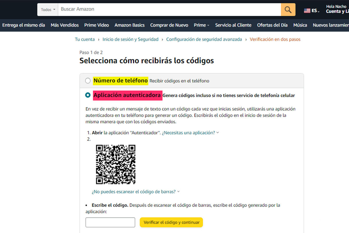Selecciona cómo recibirás el código de verificación de dos pasos en Amazon