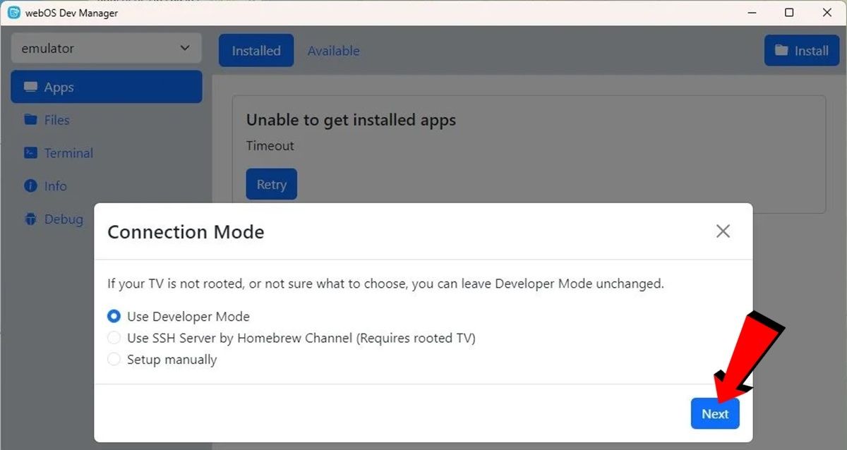 Abre el programa webOS Dev Manager en tu PC y pulsa en Add Device