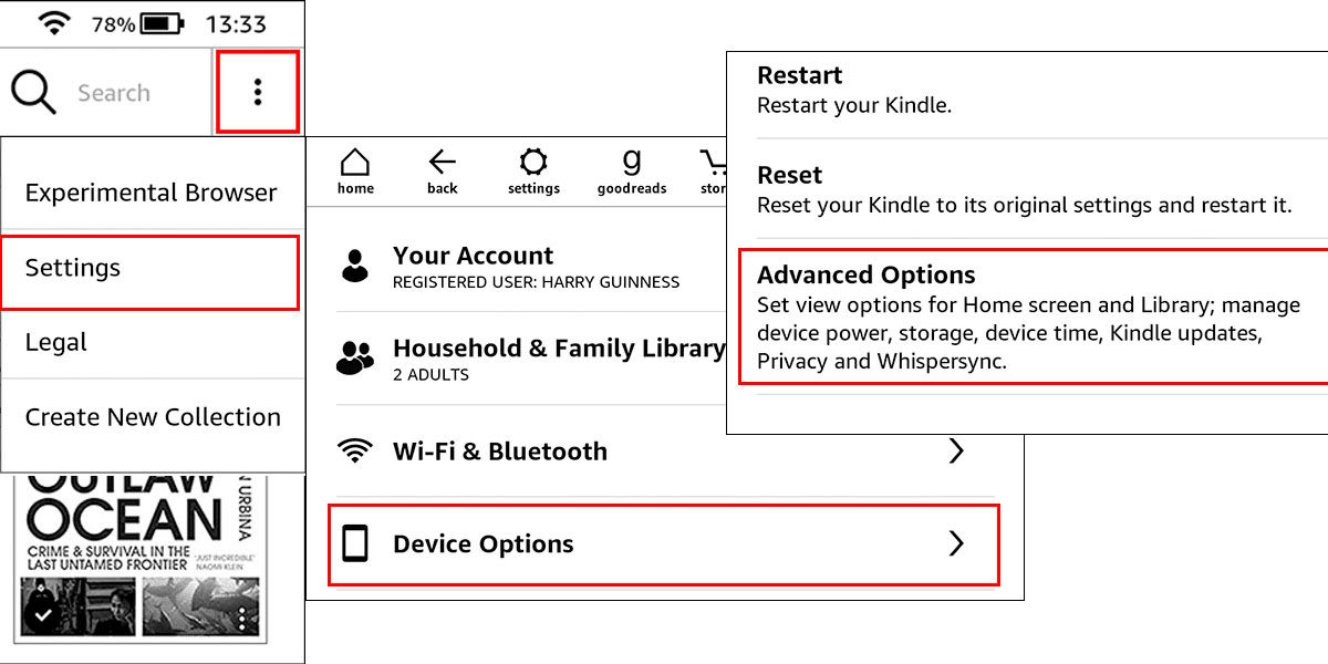 Acceder a los ajustes del dispositivo de tu eBook Kindle para esconder los audiolibros Audible