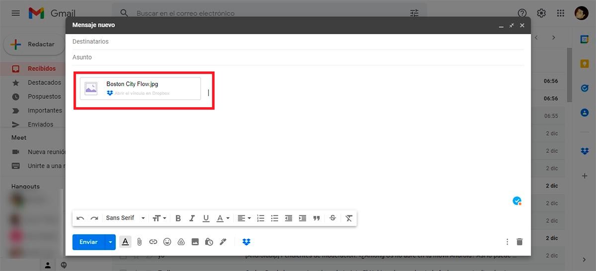 Adjuntar archivo de Dropbox en Gmail