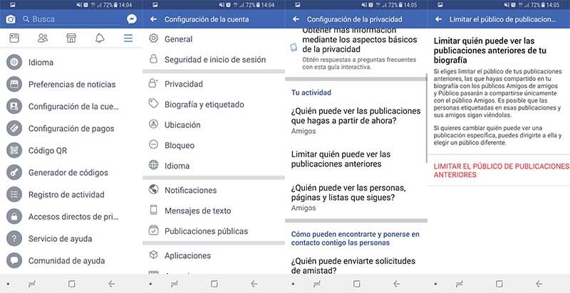 Ajustar privacidad publicaciones Facebook Android