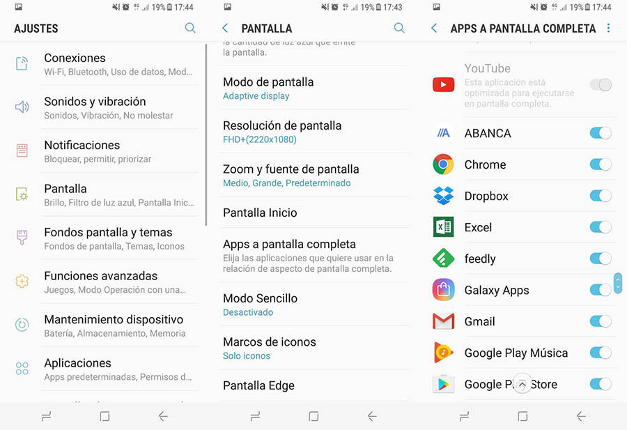 Ajustes aplicaciones pantalla completa Galaxy S8