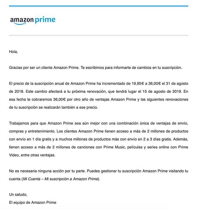 Amazon Prime España aumento
