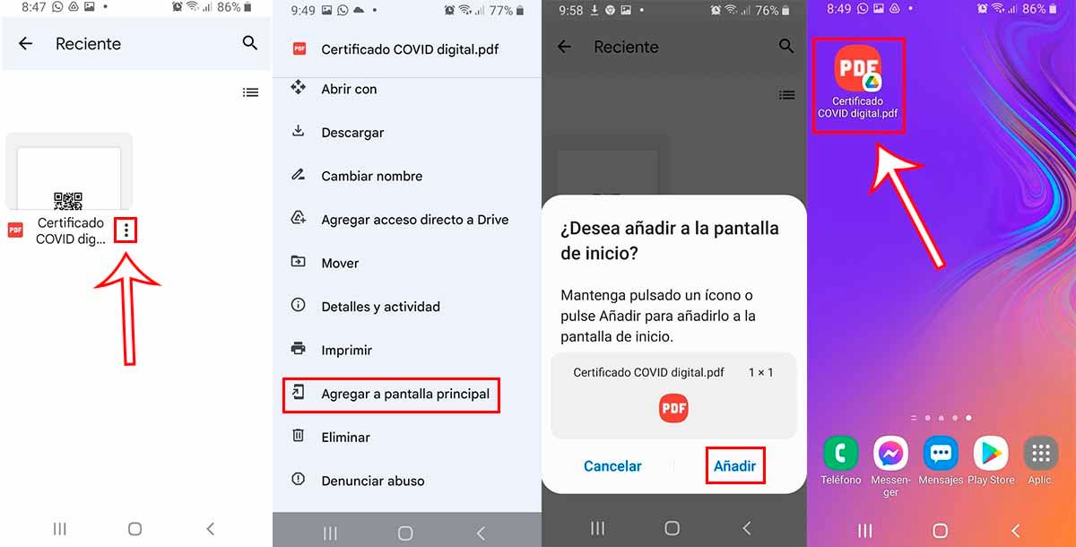 Añadir acceso directo al certificado COVID Android con Google Drive