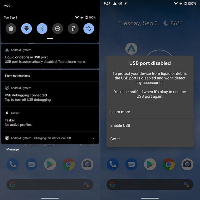 Android 10 mensajes puerto usb sucio o caliente