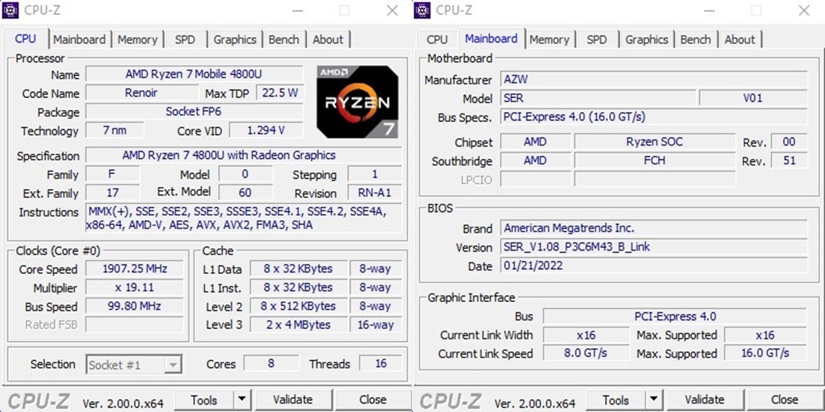 Beelink SER 4 datos de CPU y Mainboard en CPU-Z