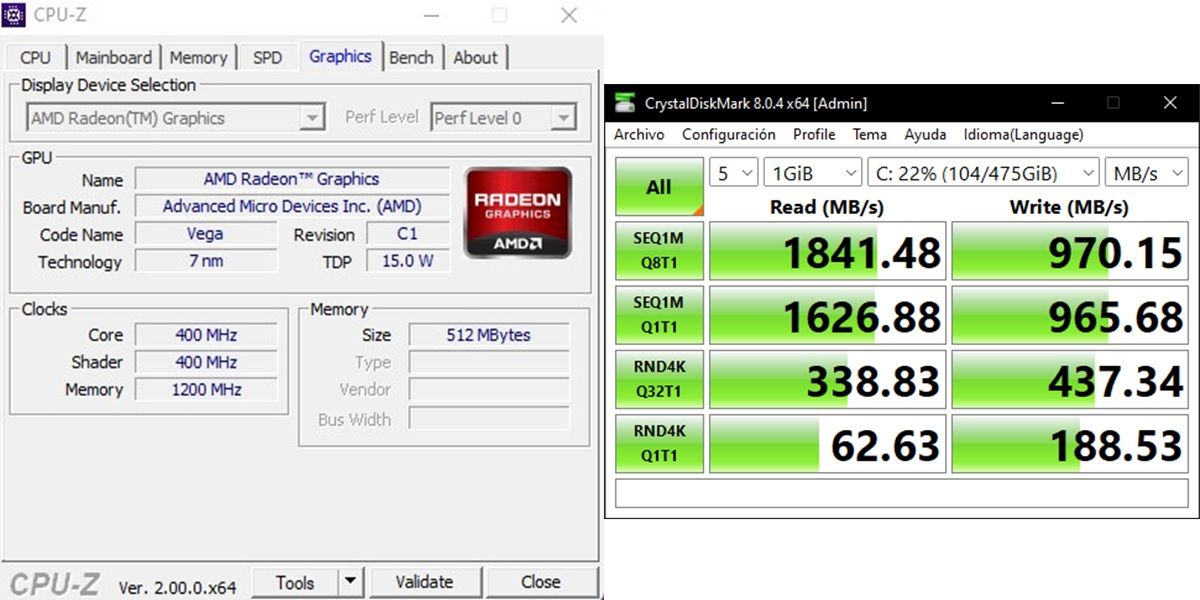 Beelink SER 4 datos de gráfica en CPU-Z y prueba de rendimiento del SSD