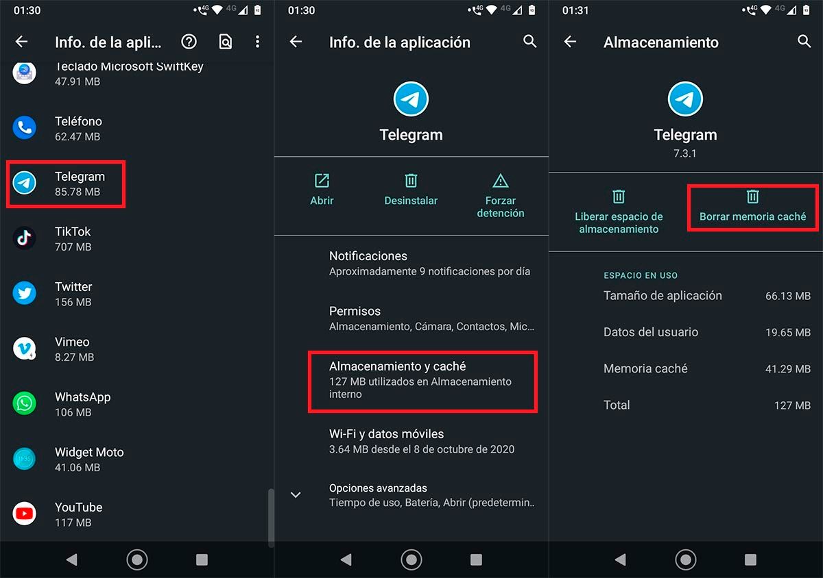 Borrar el cache de Telegram Android