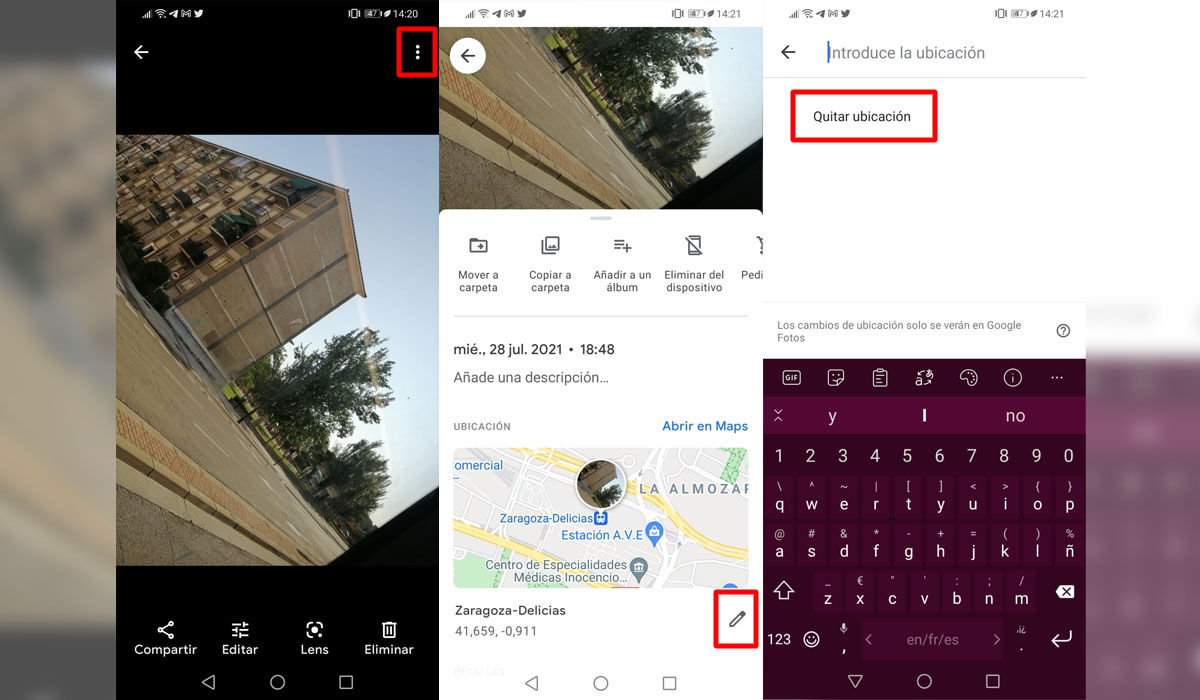 Borrar los datos de ubicación o localización GPS de Google Fotos desde el móvil