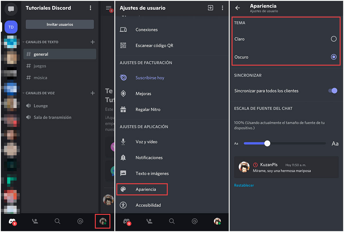 Cambiar tema en Discord Android