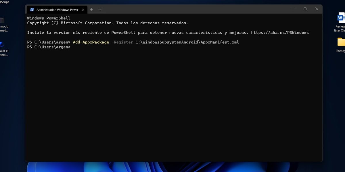 Comando para instalar el subsistema de Windows modificado