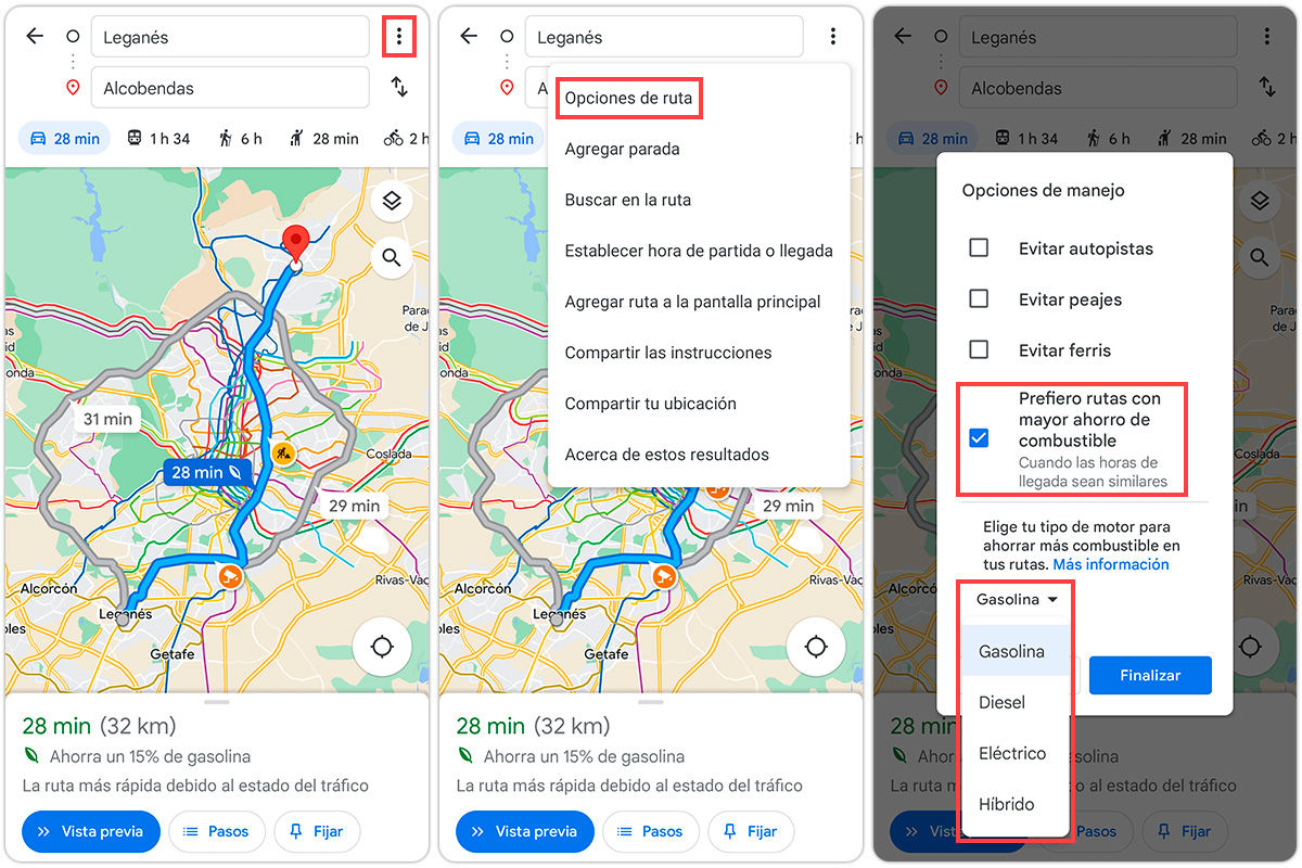 Como activar las rutas ecologicas desde una ruta establecida en google maps