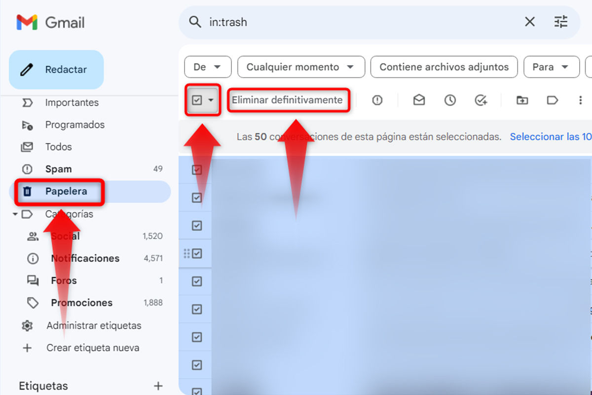 Elimina de forma definitiva los correos de Gmail