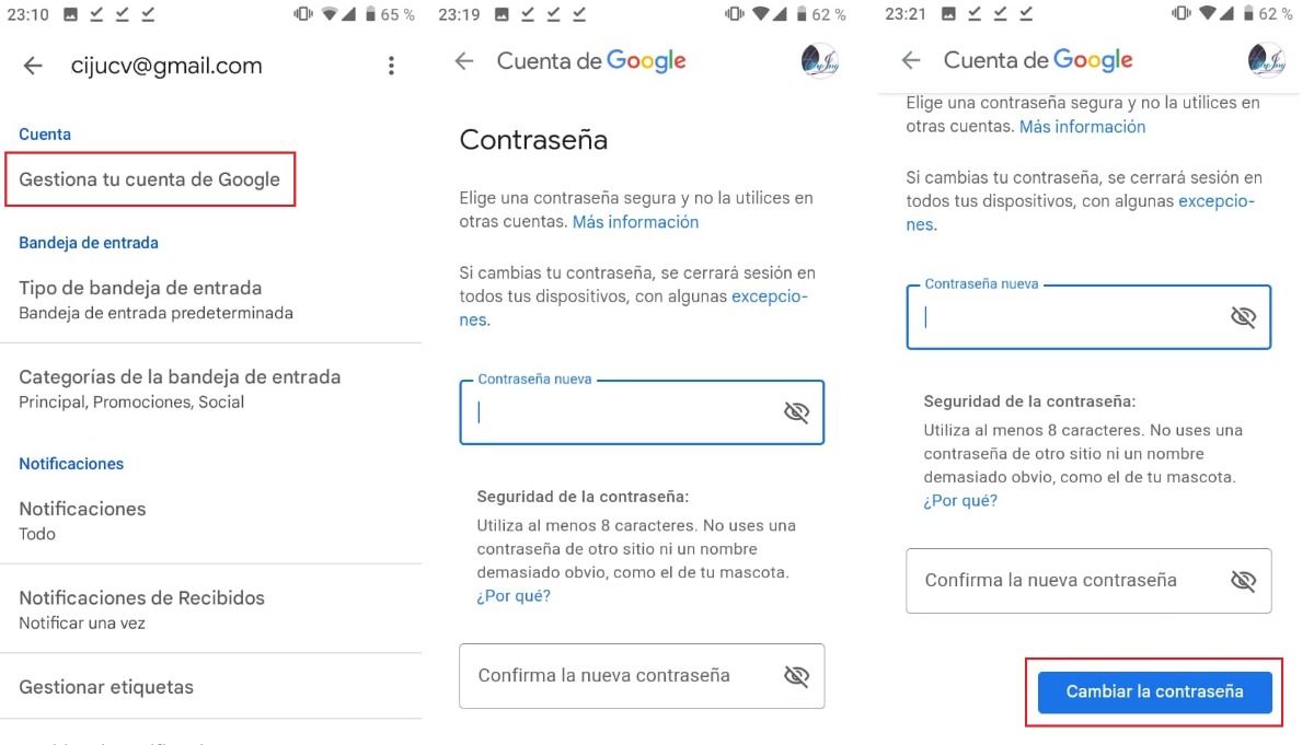 Como cambiar contrasena de Gmail en Android