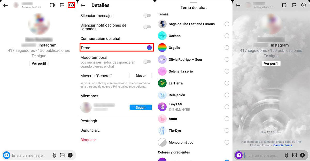 Cómo cambiar el color de fondo y el tema chat Instagram