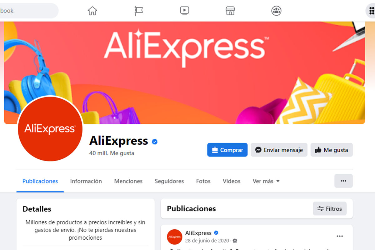 Así se ve la interfaz de Facebook de AliExpress