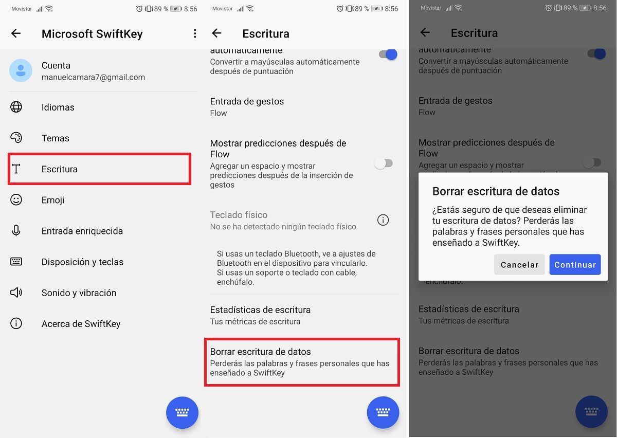 Como eliminar el historial del teclado SwiftKey de Google en Android
