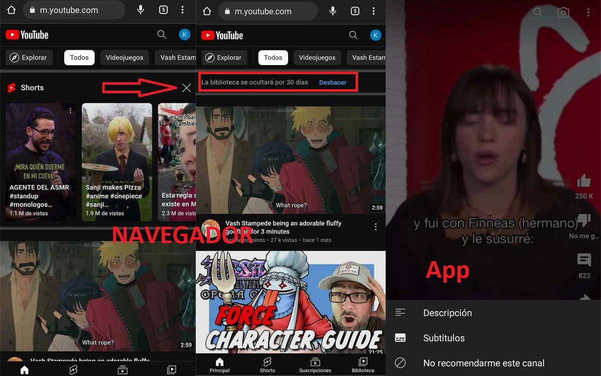 Cómo quitar los Shorts de YouTube en Android desde navegador y App