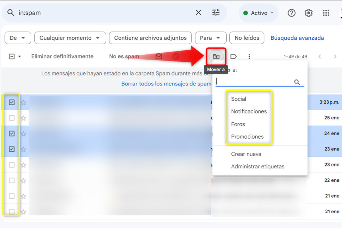 Mueve los correos de Gmail a tu bandeja de entrada