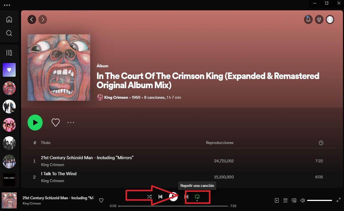 Repetir canción en Spotify desde PC
