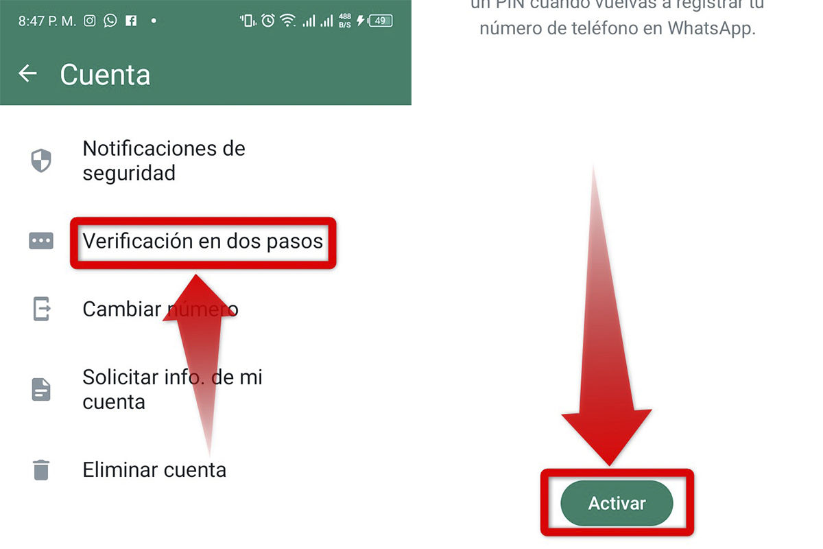Habilita la verificación en dos pasos en WhatsApp