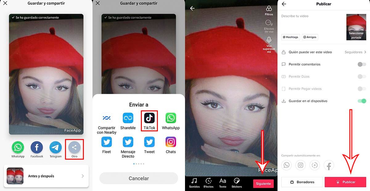 Compartir fotos con filtro de belleza FaceApp en TikTok