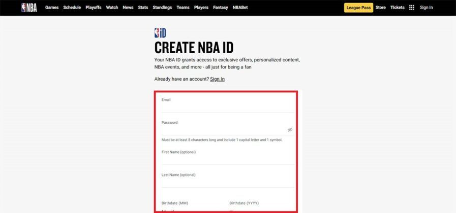 Completar el formulario de registro de NBA League Pass