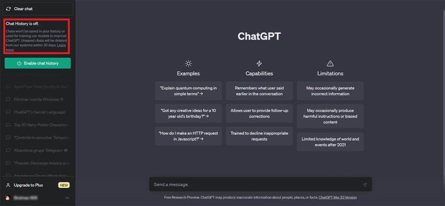 Comprobar que el historial de ChatGPT esté desactivado