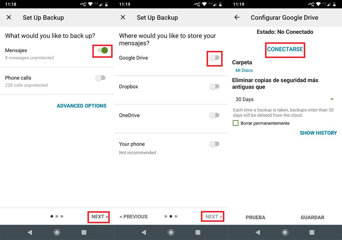 Configurar Google Drive sms copia de seguridad