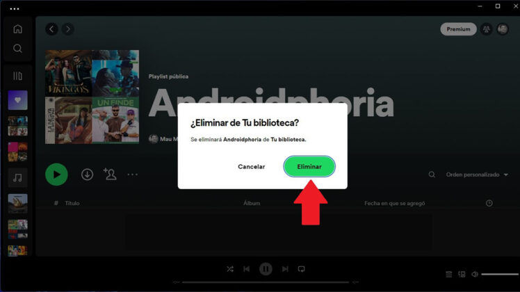 Confirmar eliminación de la Playlist de Spotify en PC