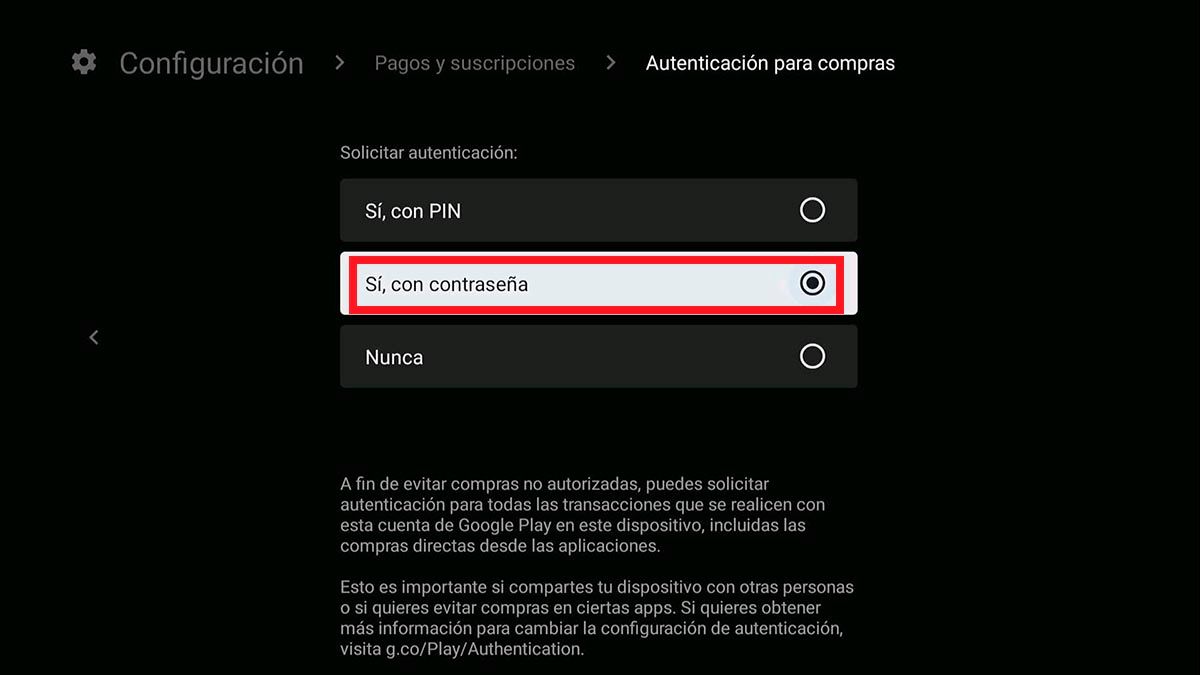 Contrasena compras Play Store Android TV