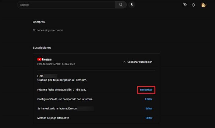 Desactivar YouTube Premium desde tu PC
