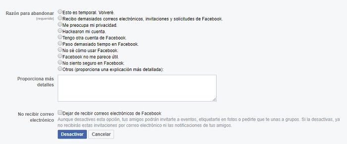 Desactivar cuenta de Facebook