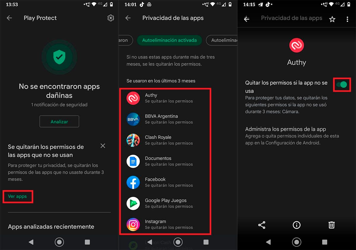 Desactivar quitar los permisos si la app no se usa Android