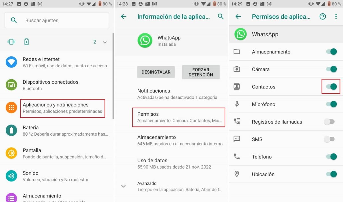 Deshabilitar los permisos de contactos de WhatsApp