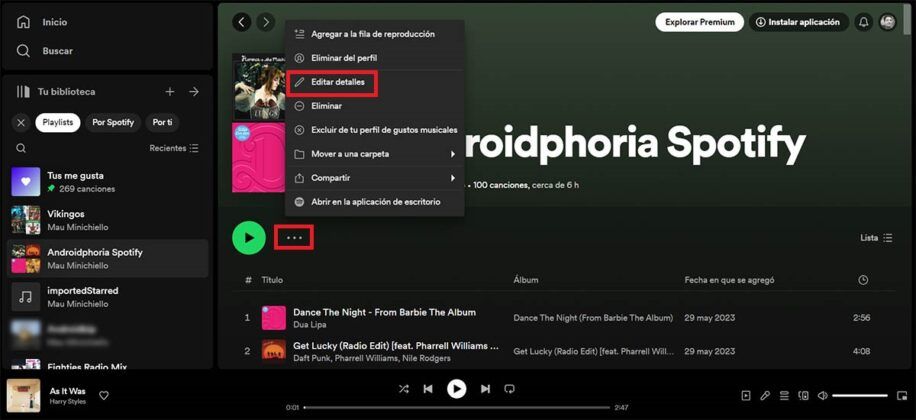 Editar detalles de playlist en Spotify