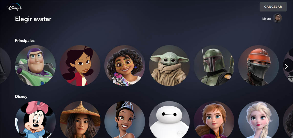 Elegir avatar de foto de perfil Disney Plus