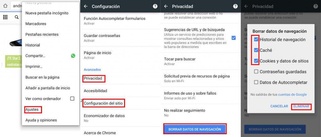 Eliminar cache, historial y cookies Chrome Android
