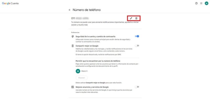 Eliminar numero de telefono de la cuenta de Google en PC