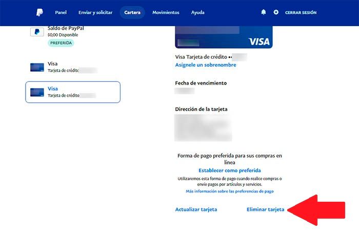 Eliminar tarjeta de PayPal desde el PC