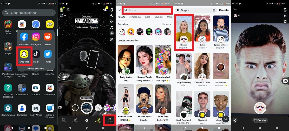 Encontrar filtro cara de asco en Snapchat