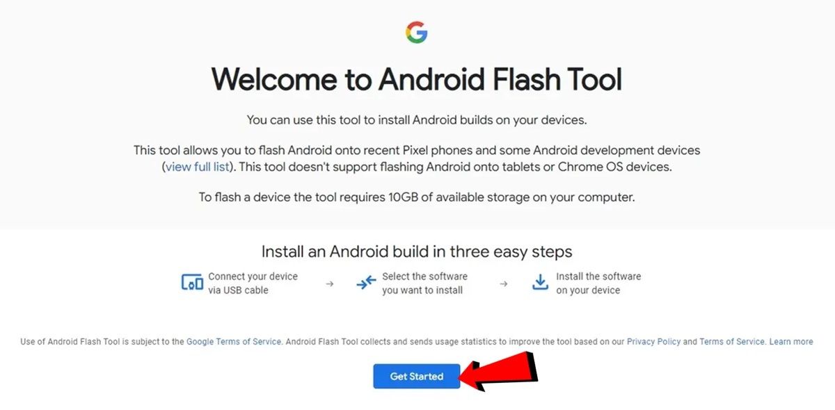 Entra en la web Android Flash Tool y pulsa en Get Started