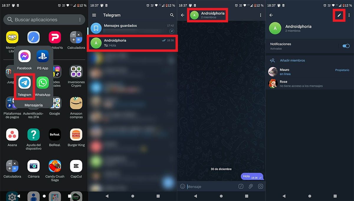 Entrar en los ajustes del grupo de Telegram