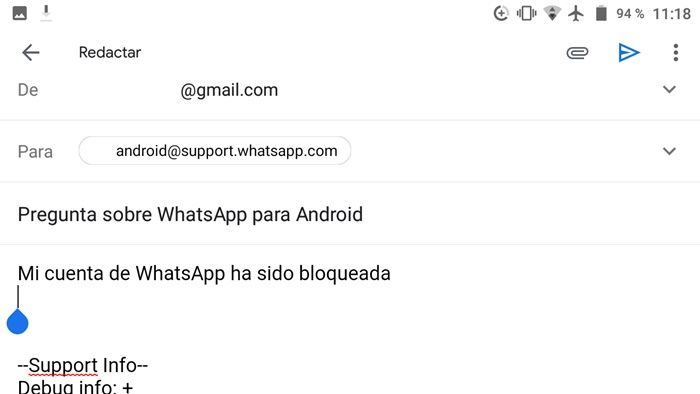 Enviando correo al soporte de WhatsApp