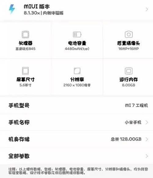 Filtración especificaciones Xiaomi Mi7