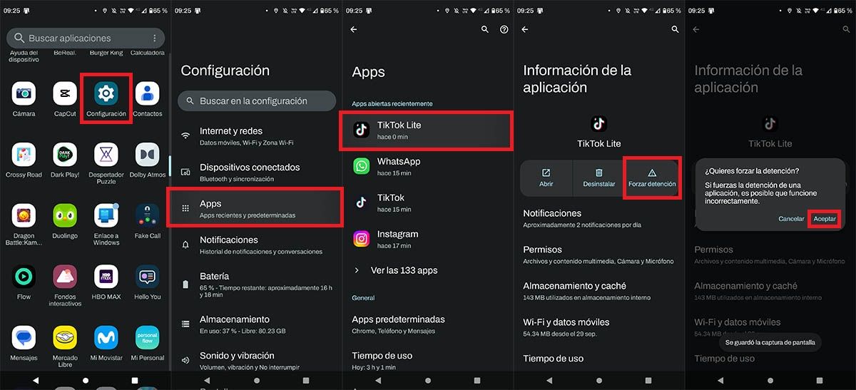 Forzar la detencion de TikTok Lite en Android