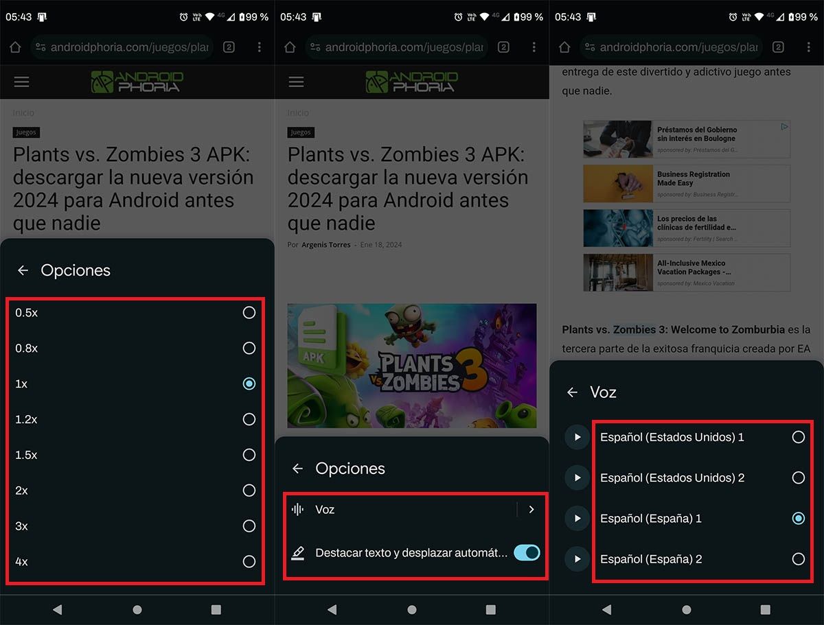 Funciones de lectura en voz alta Chrome Android