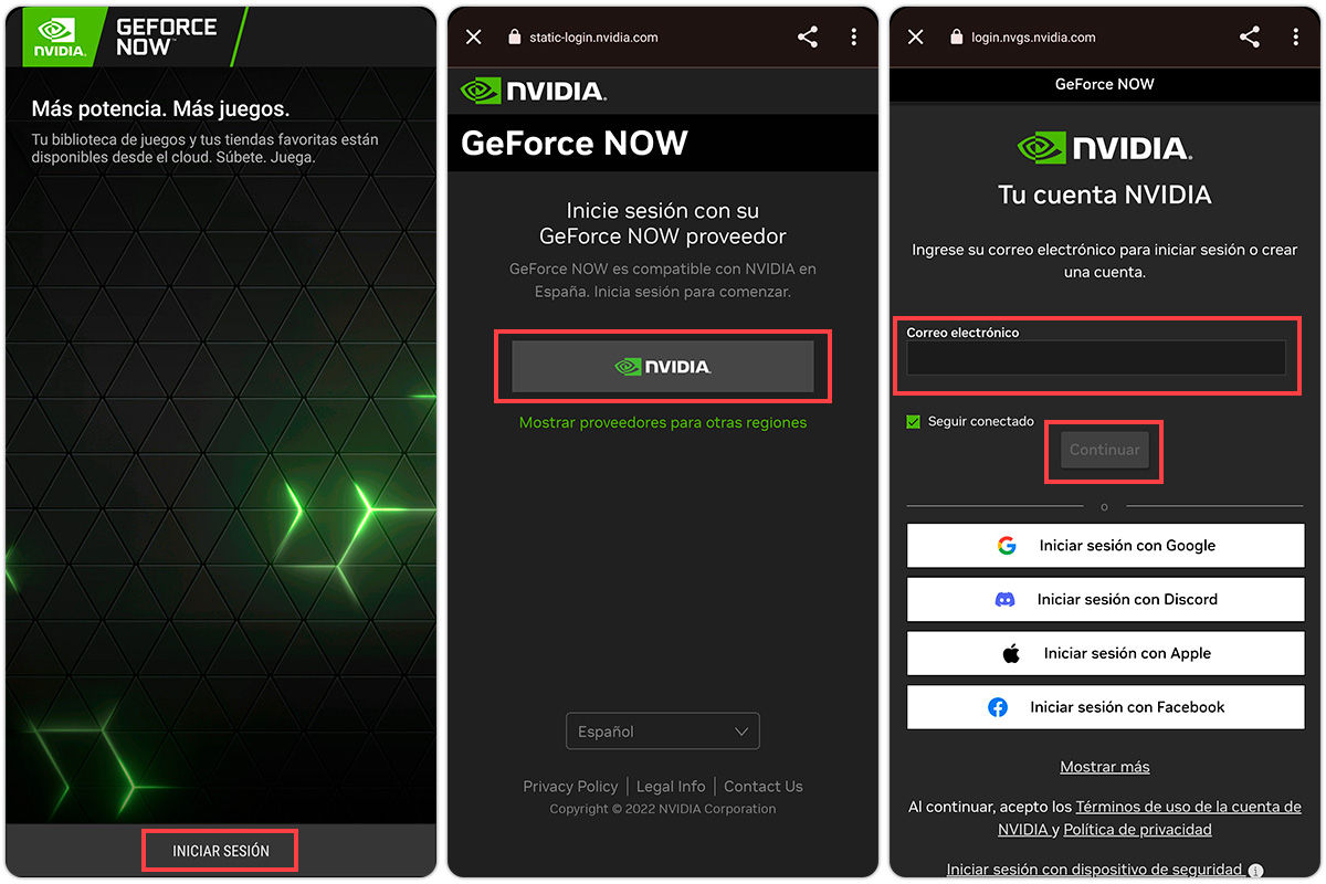 Inicia sesión en la app Geforce Now para Android