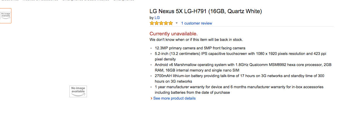 Las especificaciones del LG Nexus 5X aparecen en Amazon 